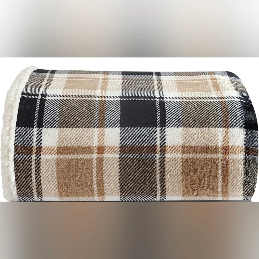 Eddie Bauer Plaid Sherpa Throw Blanket - Black, Tan, and Cream, 50